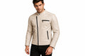 Front view of a man wearing the cream Phantom Forge City Style Lambskin Bomber Jacket featuring an asymmetrical zip and quilted shoulders.