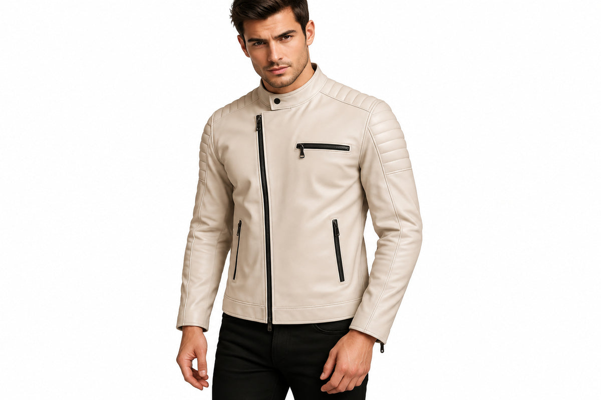 Front view of a man wearing the cream Phantom Forge City Style Lambskin Bomber Jacket featuring an asymmetrical zip and quilted shoulders.