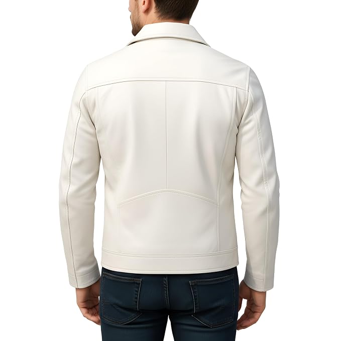 Back view of a man wearing the white Phantom Grain White Lambskin Mens Racer Leather Jacket featuring a shirt collar, zip closure, and waist pockets.   