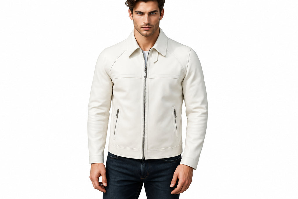 Front view of a man wearing the white Phantom Grain White Lambskin Mens Racer Leather Jacket featuring a shirt collar, zip closure, and waist pockets.