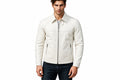 Front view of a man wearing the white Phantom Grain White Lambskin Mens Racer Leather Jacket featuring a shirt collar, zip closure, and waist pockets.