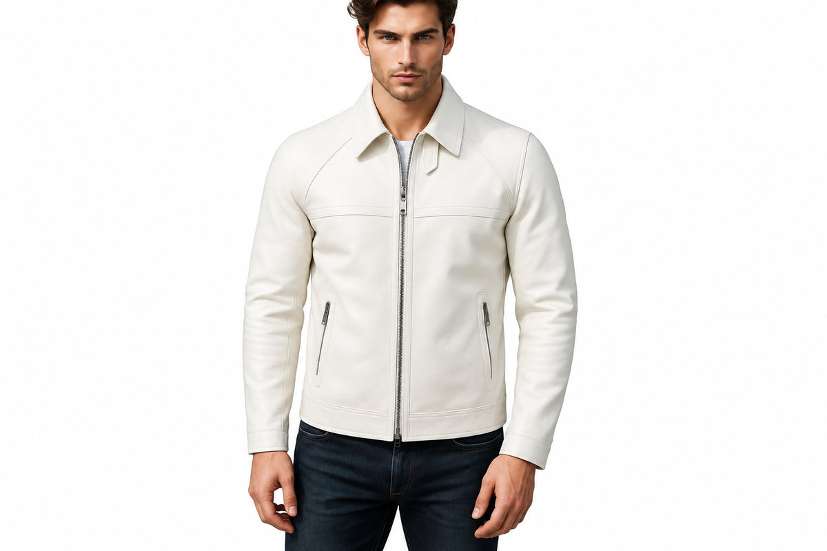 Front view of a man wearing the white Phantom Grain White Lambskin Mens Racer Leather Jacket featuring a shirt collar, zip closure, and waist pockets.