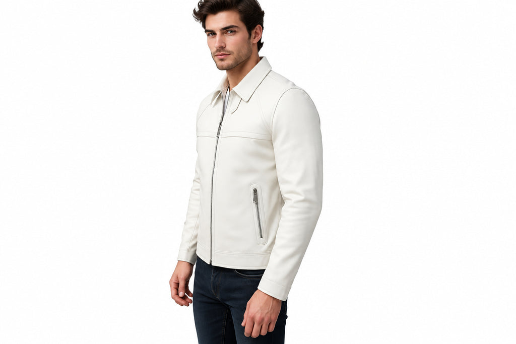 Side view of a man wearing the white Phantom Grain White Lambskin Mens Racer Leather Jacket featuring a shirt collar, zip closure, and waist pockets.   
