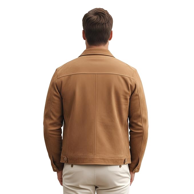Back view of a man wearing the camel tan Phantom Hide Legacy Cut Suede Leather Jacket featuring a shirt collar, button closure, and chest flap pockets.   