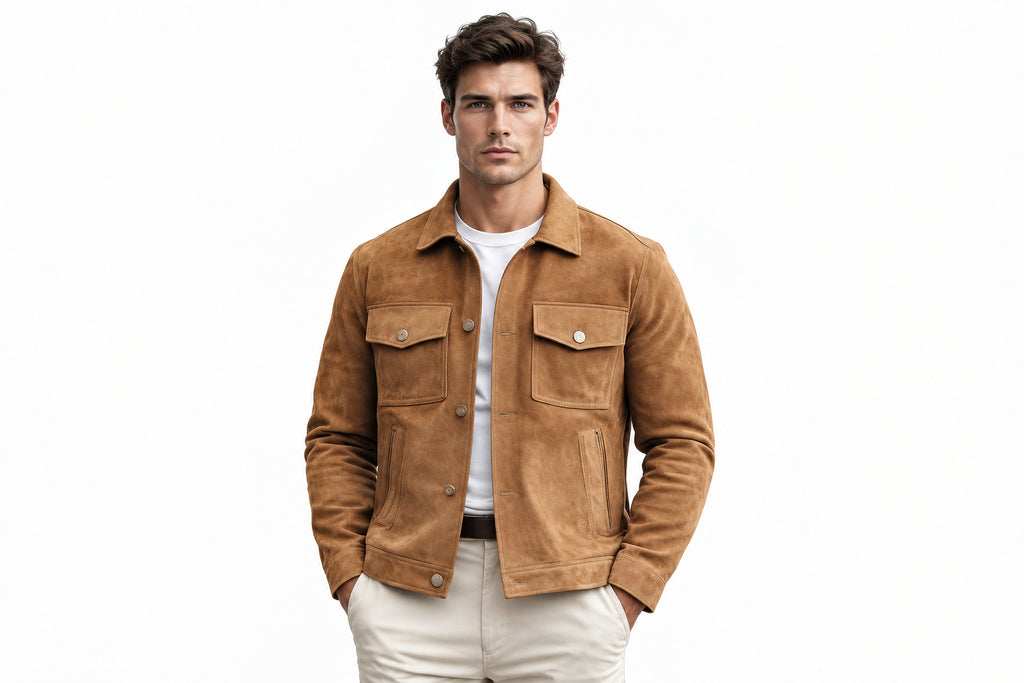 Front view of a man wearing the camel tan Phantom Hide Legacy Cut Suede Leather Jacket featuring a shirt collar, button closure, and chest flap pockets.