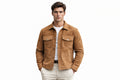 Front view of a man wearing the camel tan Phantom Hide Legacy Cut Suede Leather Jacket featuring a shirt collar, button closure, and chest flap pockets.