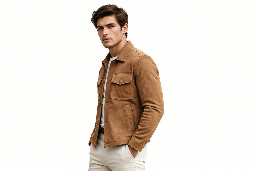 Side view of a man wearing the camel tan Phantom Hide Legacy Cut Suede Leather Jacket featuring a shirt collar, button closure, and chest flap pockets.   