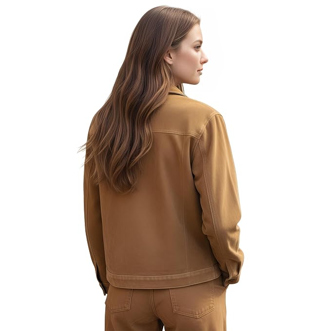 Phantomgrain women's golden tan genuine suede leather utility safari jacket featuring a fold-over collar, four front cargo flap pockets with contrast white stitching, button closure, full cuffed sleeves, and custom made-to-measure fitting across the UK, USA, and Australia.back