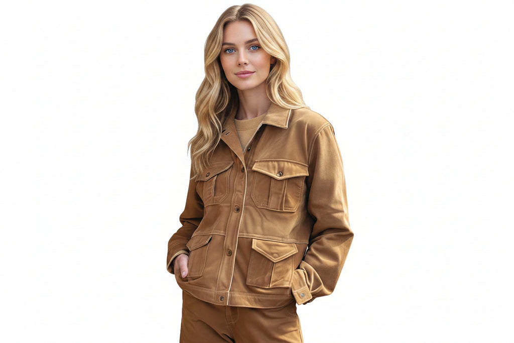 Phantomgrain women's golden tan genuine suede leather utility safari jacket featuring a fold-over collar, four front cargo flap pockets with contrast white stitching, button closure, full cuffed sleeves, and custom made-to-measure fitting across the UK, USA, and Australia.