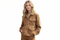 Phantomgrain women's golden tan genuine suede leather utility safari jacket featuring a fold-over collar, four front cargo flap pockets with contrast white stitching, button closure, full cuffed sleeves, and custom made-to-measure fitting across the UK, USA, and Australia.