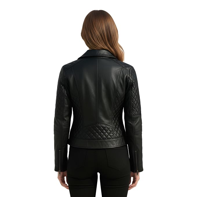 Phantomtailor women's jet black genuine lambskin real leather double-breasted biker jacket featuring diamond-quilted sleeves and side waist panels, asymmetric zipper front closure, wide notch lapels, zippered pockets, full sleeves, and custom made-to-measure fitting across the UK, USA, and Australia.back