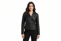 Phantomtailor women's jet black genuine lambskin real leather double-breasted biker jacket featuring diamond-quilted sleeves and side waist panels, asymmetric zipper front closure, wide notch lapels, zippered pockets, full sleeves, and custom made-to-measure fitting across the UK, USA, and Australia.