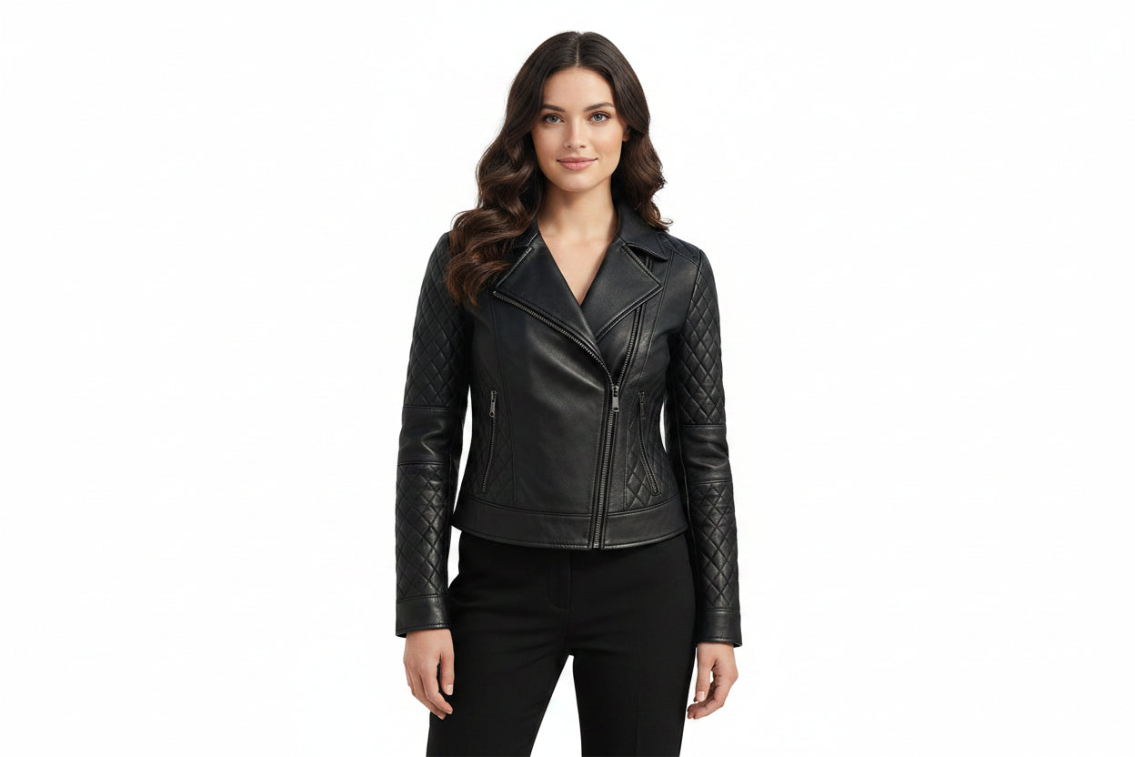 Phantomtailor women's jet black genuine lambskin real leather double-breasted biker jacket featuring diamond-quilted sleeves and side waist panels, asymmetric zipper front closure, wide notch lapels, zippered pockets, full sleeves, and custom made-to-measure fitting across the UK, USA, and Australia.