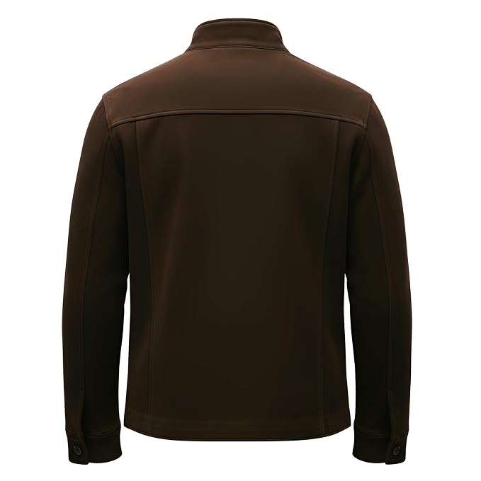 Back view of the brown Platinum Edge Modern Moto Suede Leather Jacket featuring a stand collar, button closure, and chest patch pocket.