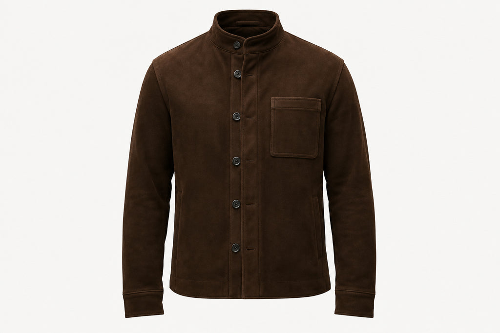 Front view of the brown Platinum Edge Modern Moto Suede Leather Jacket featuring a stand collar, button closure, and chest patch pocket.