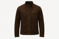 Front view of the brown Platinum Edge Modern Moto Suede Leather Jacket featuring a stand collar, button closure, and chest patch pocket.