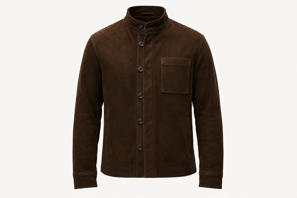 Front view of the brown Platinum Edge Modern Moto Suede Leather Jacket featuring a stand collar, button closure, and chest patch pocket.