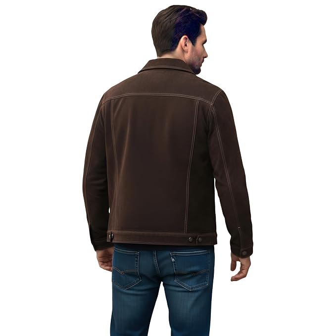 Back view of a man wearing the chocolate brown Prestige Edge Chocolate Brown Suede Leather Jacket featuring a shirt collar, button closure, and chest flap pockets.   