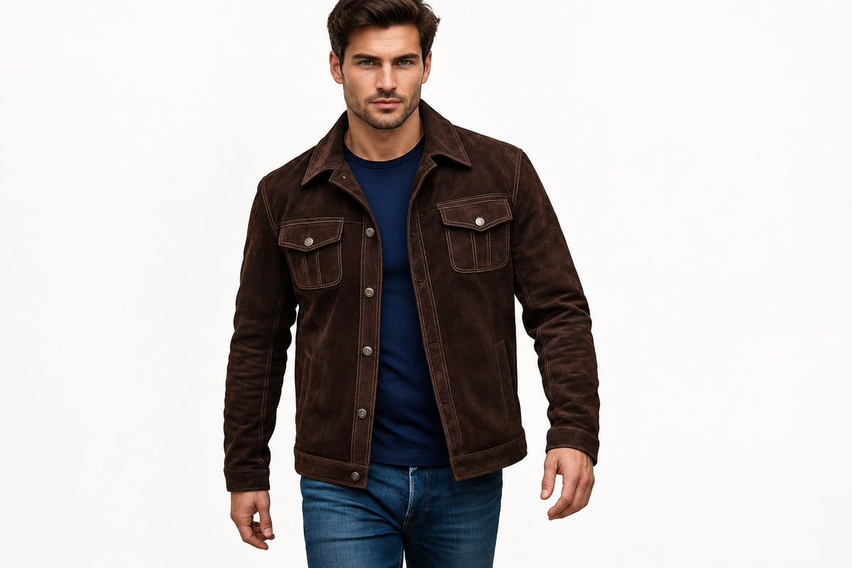 Front view of a man wearing the chocolate brown Prestige Edge Chocolate Brown Suede Leather Jacket featuring a shirt collar, button closure, and chest flap pockets.