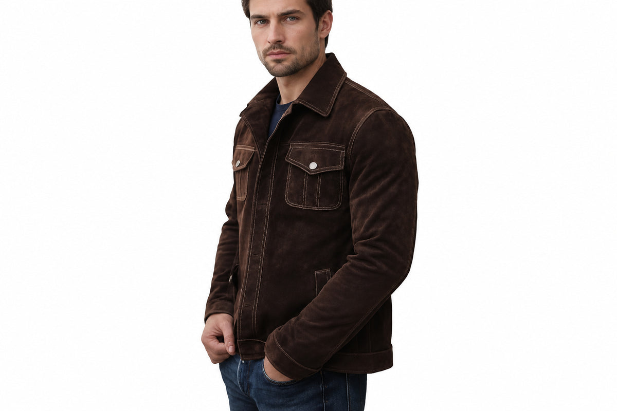 Side view of a man wearing the chocolate brown Prestige Edge Chocolate Brown Suede Leather Jacket featuring a shirt collar, button closure, and chest flap pockets.   