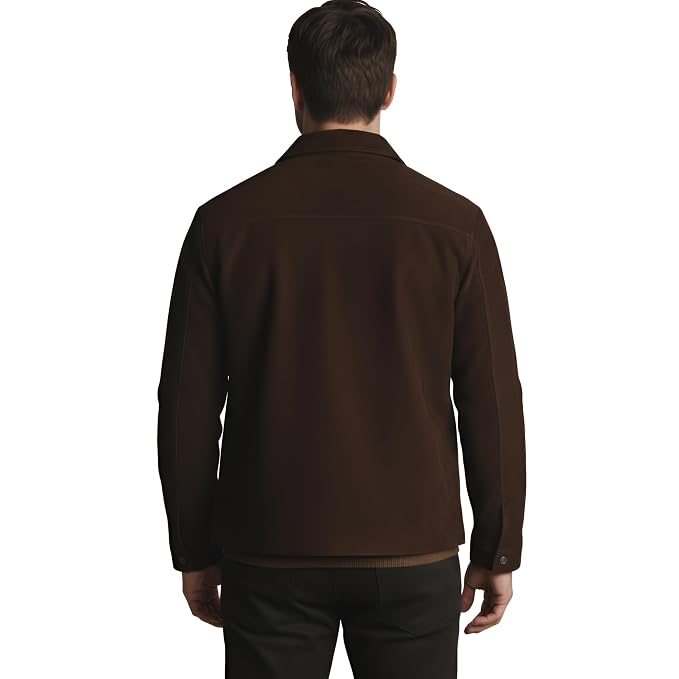 Back view of a man wearing the dark brown Prestige Grain Heritage Style Suede Leather Jacket featuring a shirt collar, button closure, and chest flap pockets.   