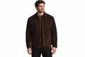 Front view of a man wearing the dark brown Prestige Grain Heritage Style Suede Leather Jacket featuring a shirt collar, button closure, and chest flap pockets.