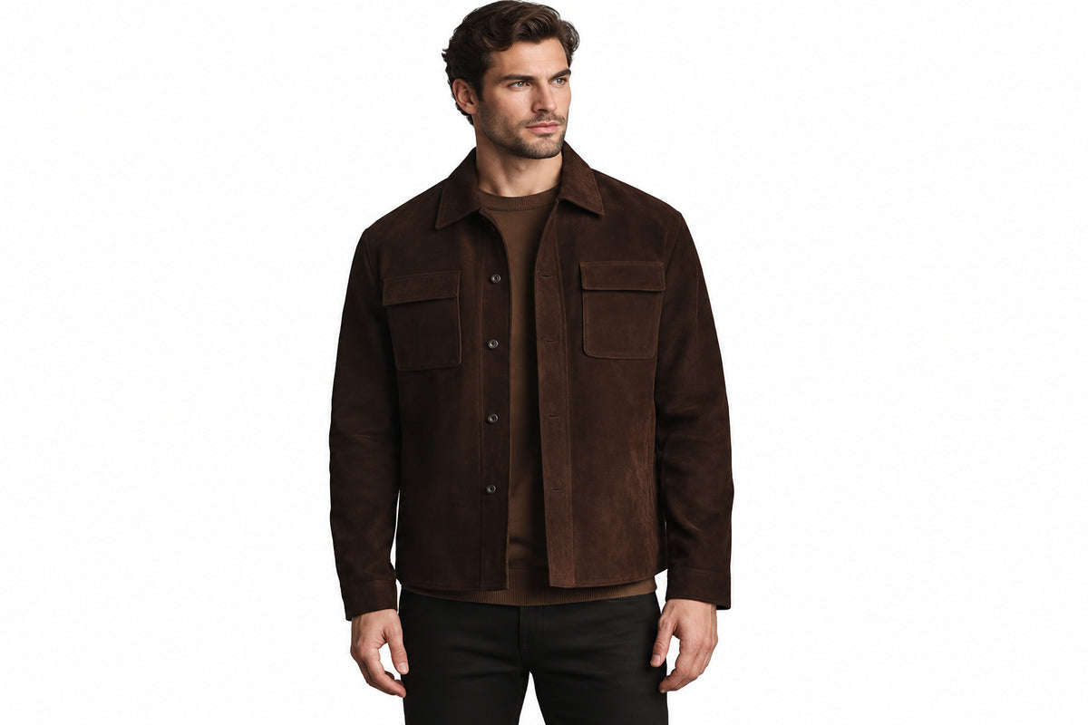 Front view of a man wearing the dark brown Prestige Grain Heritage Style Suede Leather Jacket featuring a shirt collar, button closure, and chest flap pockets.