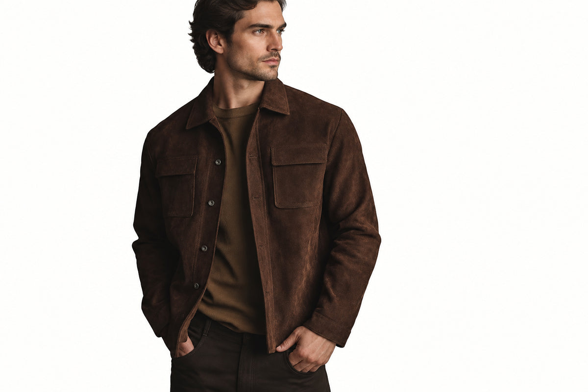 Side view of a man wearing the dark brown Prestige Grain Heritage Style Suede Leather Jacket featuring a shirt collar, button closure, and chest flap pockets.