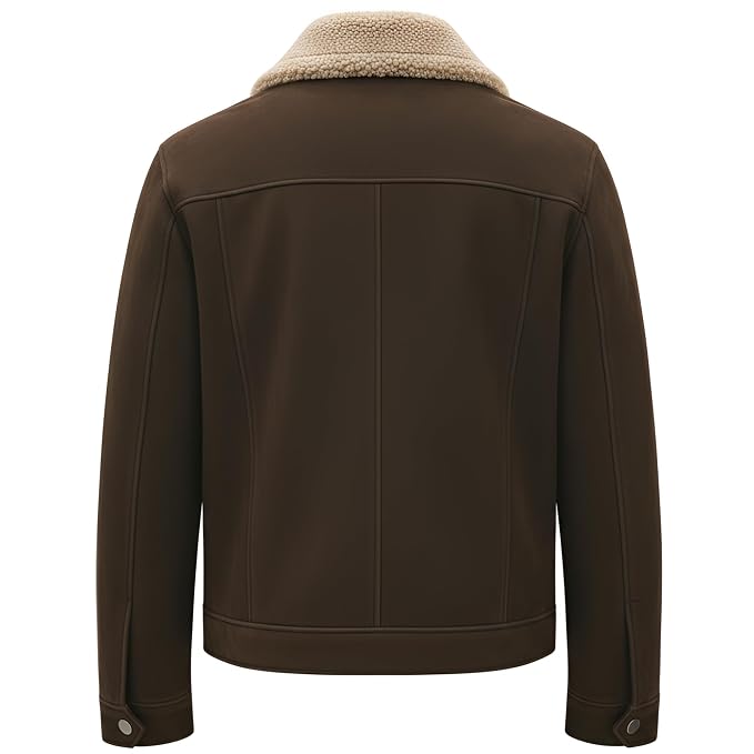 Back view of a man wearing the dark brown Prestige Hide Heritage Biker Mens Suede Leather Jacket featuring a shearling collar and zip closure.