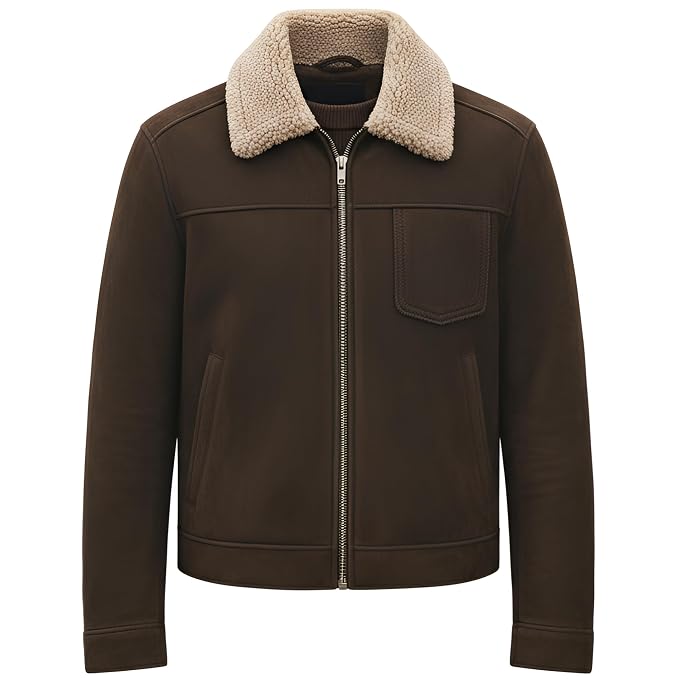 Front view of a man wearing the dark brown Prestige Hide Heritage Biker Mens Suede Leather Jacket featuring a shearling collar and zip closure.