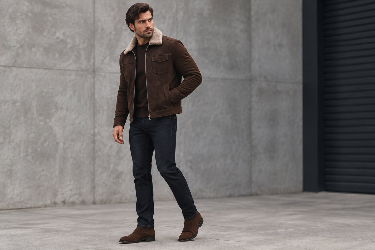 Side view of a man wearing the dark brown Prestige Hide Heritage Biker Mens Suede Leather Jacket featuring a shearling collar and zip closure.