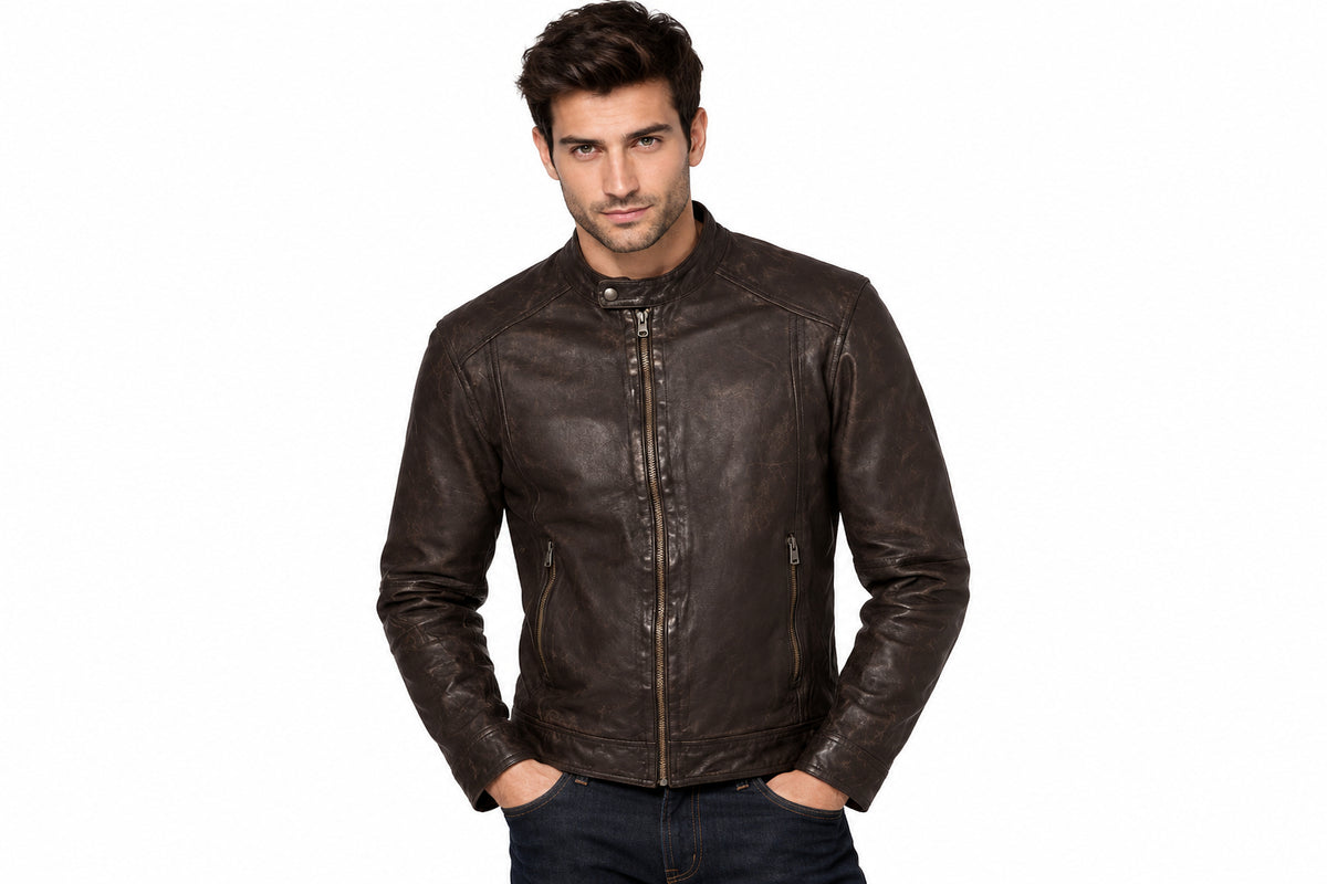 Front view of a man wearing the dark brown Prime Lambskin Cafe Racer leather Jacket featuring a snap-tab collar and front zip closure.
