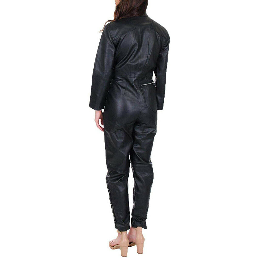 Ravenelle women's jet black genuine lambskin leather jumpsuit featuring a high stand collar, full-length front silver zip closure, slanted zipper chest and thigh pockets, snap waist tabs, zippered ankle hems, and custom made-to-measure fitting across the UK, USA, and Australia.back