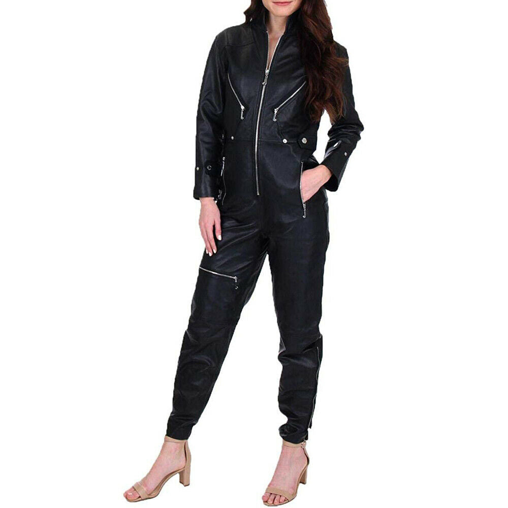 Ravenelle women's jet black genuine lambskin leather jumpsuit featuring a high stand collar, full-length front silver zip closure, slanted zipper chest and thigh pockets, snap waist tabs, zippered ankle hems, and custom made-to-measure fitting across the UK, USA, and Australia.side
