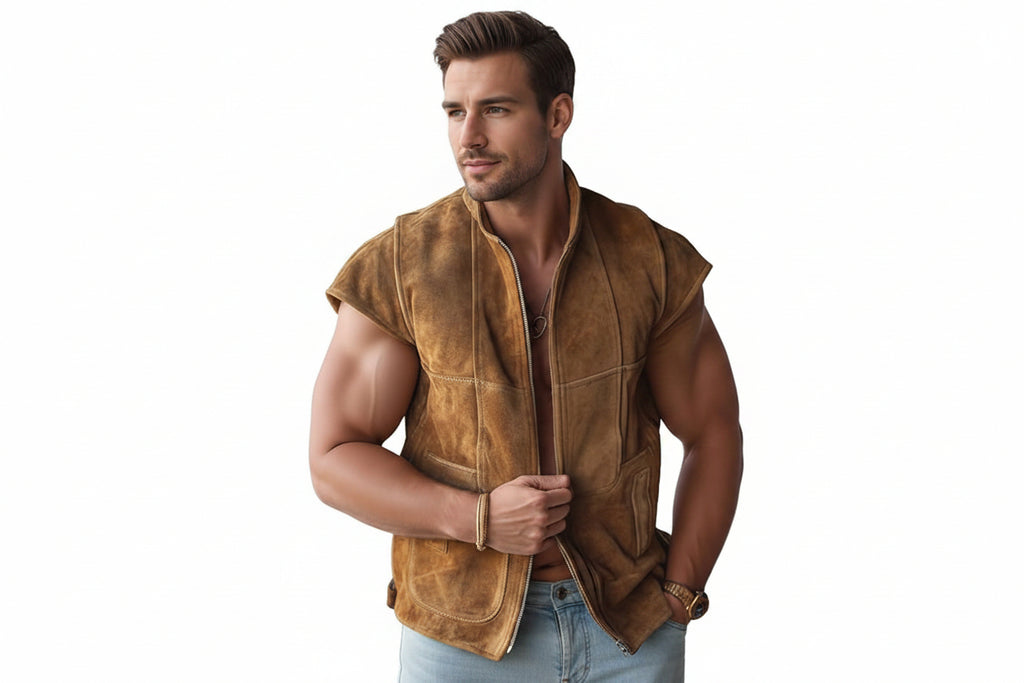 Ravenhall Adventure Rider Suede Vest for Men – premium men’s suede riding vest by Urbanhides, designed for adventure, outdoor style and modern fashion in the UK, USA and Australia.