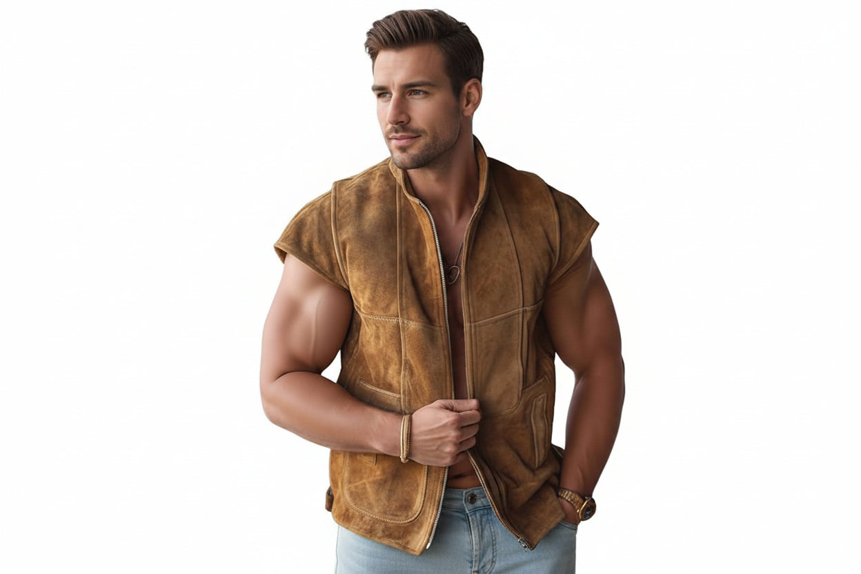 Ravenhall Adventure Rider Suede Vest for Men – premium men’s suede riding vest by Urbanhides, designed for adventure, outdoor style and modern fashion in the UK, USA and Australia.