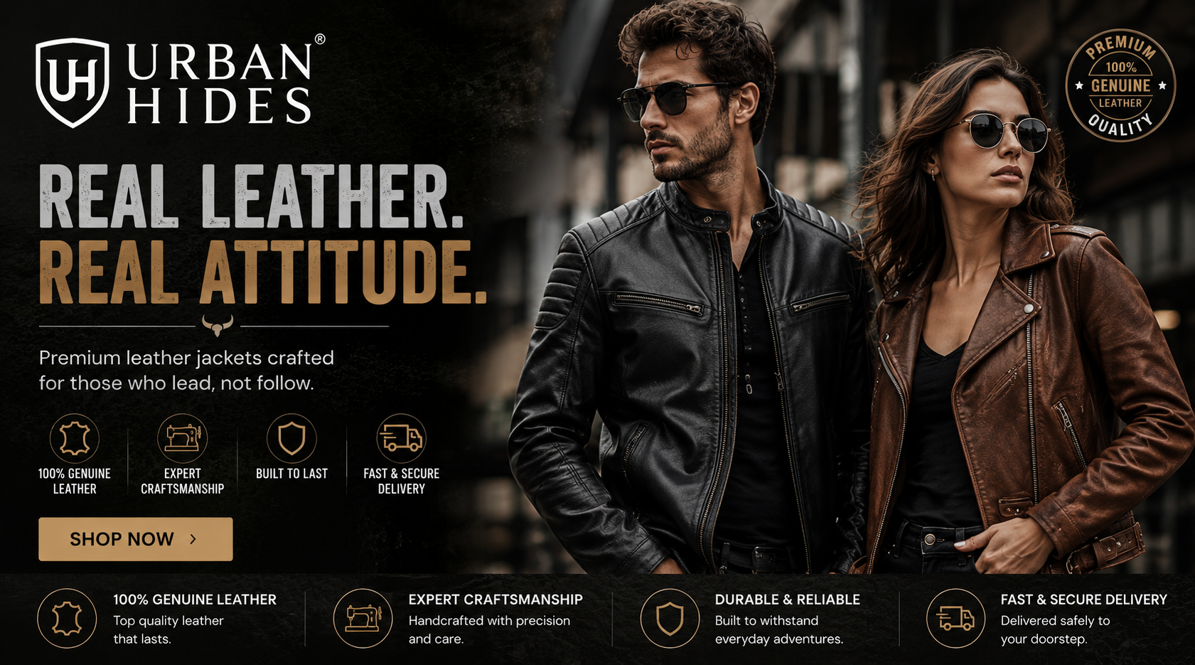 Urban Hides advertisement featuring a man and a woman wearing leather jackets in an urban setting. The man wears a black leather jacket and sunglasses, while the woman wears a brown leather jacket.