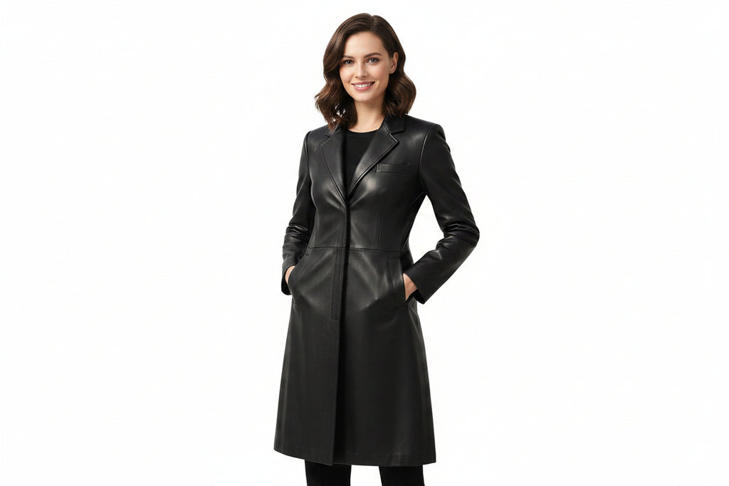 Rebel Aura women's jet black genuine Nappa leather long coat featuring sharp notch lapels, streamlined front closure, dual flap waist pockets, chest welt pocket, knee-length fit, and custom made-to-measure fitting across the UK, USA, and Australia.