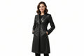 Rebel Aura women's jet black genuine Nappa leather long coat featuring sharp notch lapels, streamlined front closure, dual flap waist pockets, chest welt pocket, knee-length fit, and custom made-to-measure fitting across the UK, USA, and Australia.
