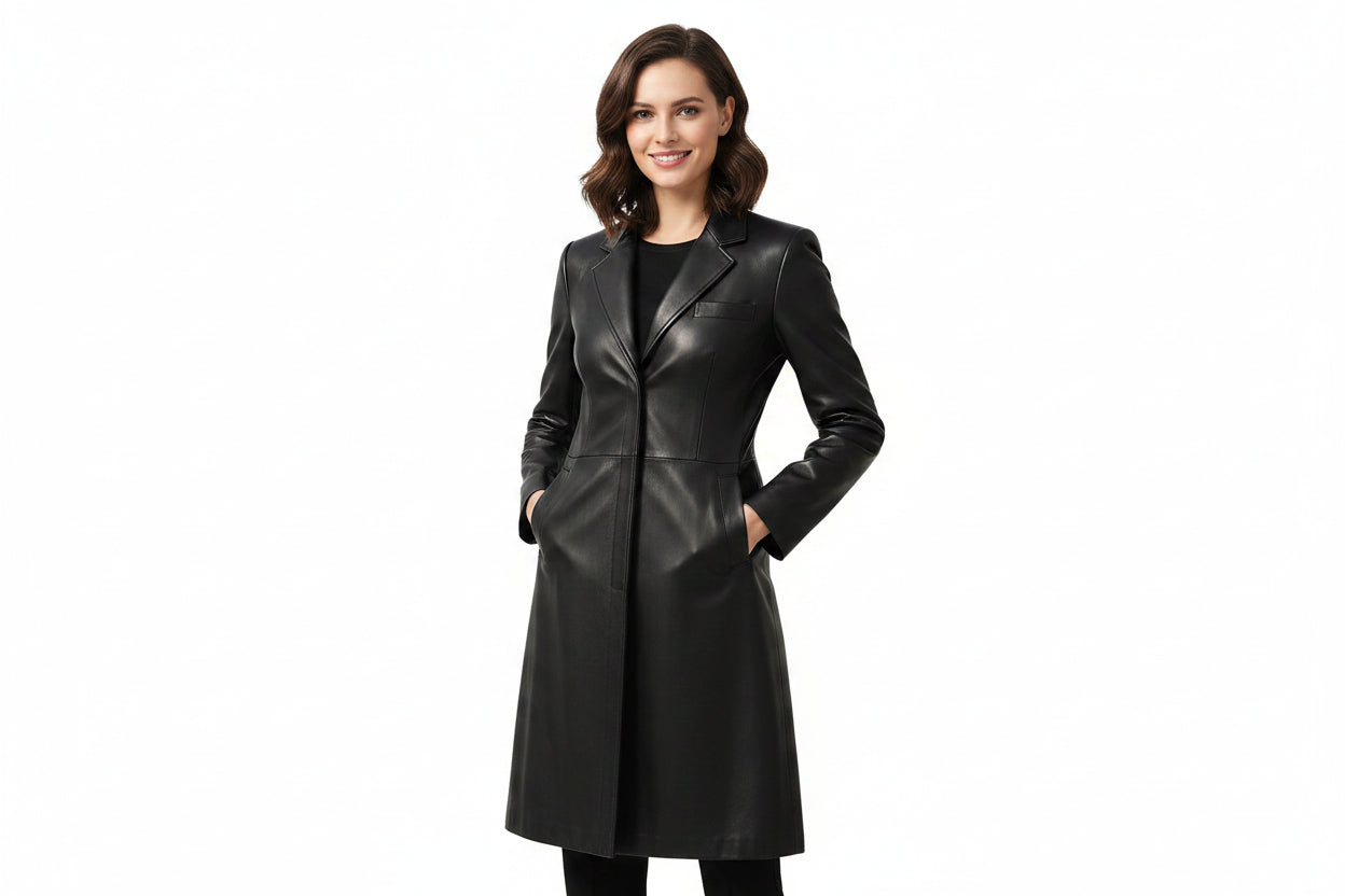 Rebel Aura women's jet black genuine Nappa leather long coat featuring sharp notch lapels, streamlined front closure, dual flap waist pockets, chest welt pocket, knee-length fit, and custom made-to-measure fitting across the UK, USA, and Australia.