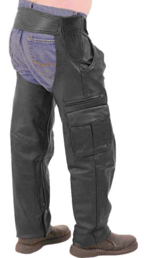 Men's rebel hide tactical genuine soft lambskin real leather motorcycle riding chaps in black featuring stretch-accordion ribbed elastic hip panels, adjustable front belt buckle, right thigh multi-pocket utility layout with horizontal zipper and flap cargo pocket, full-length side leg zippers, lower ankle snap-button closures, open crotch over-jeans design, and custom made-to-measure fitting across the UK, USA, and Australia.back