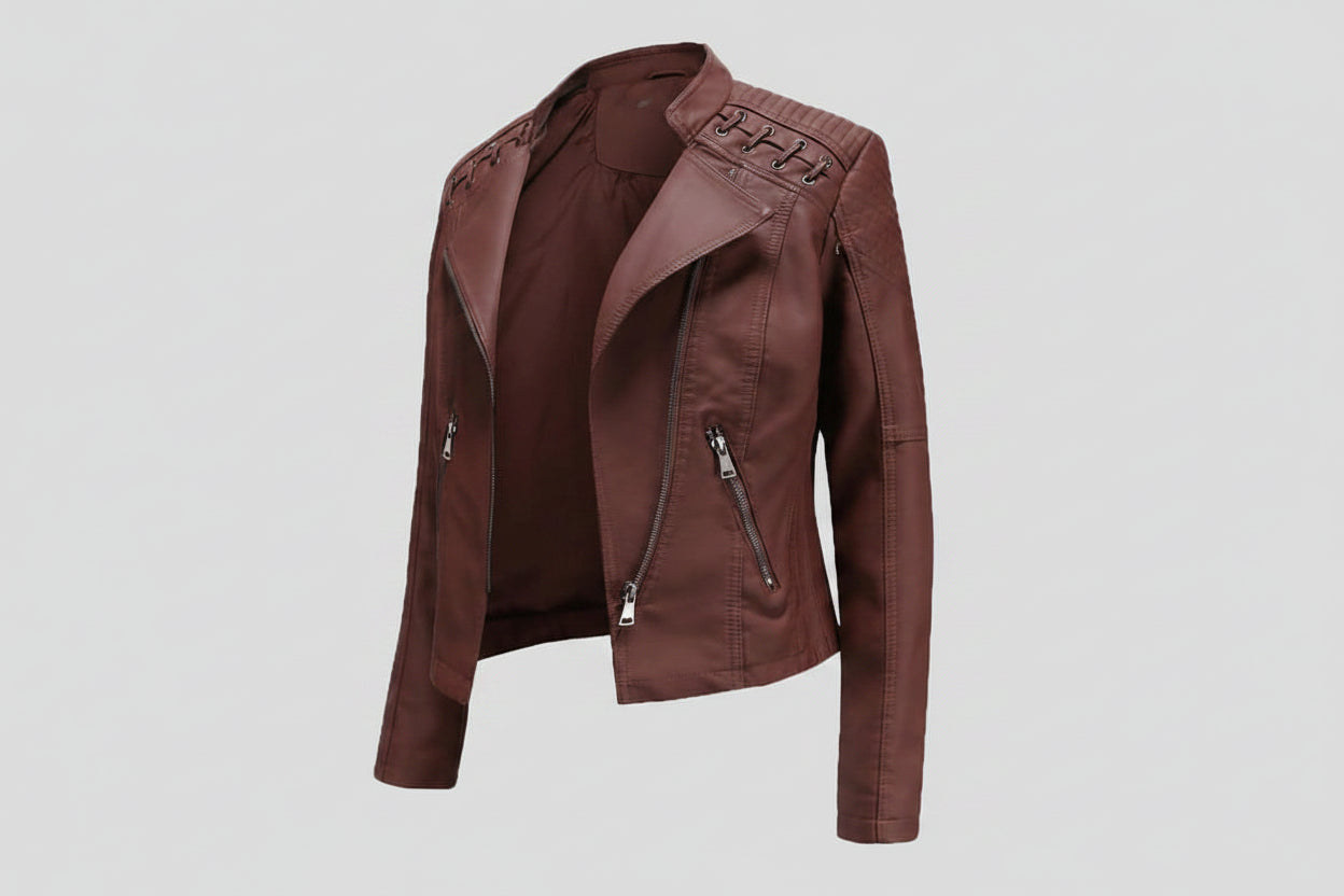 Rebel Queen Genuine Leather Biker Jacket for Women Front View – Premium Genuine Lambskin Leather Motorcycle Jacket by UrbanHides with Asymmetrical Zip, Slim Fit, Luxury Women's Leather Outerwear
