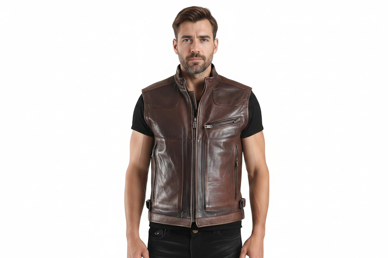 Regal Forge Rugged Distressed Vintage Leather Vest for Men – premium distressed vintage leather vest by Urbanhides, featuring rugged styling for men in the UK, USA and Australia.