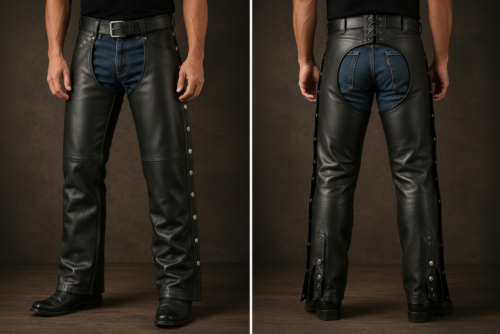 Men's riderforge genuine soft lambskin real leather motorcycle biker riding chaps in black showing front and rear views featuring a front belt buckle, rear corseted lace-up waistband, full outer side-leg metal snap buttons over covered zippers, lower ankle snap-button cuffs, classic open crotch over-jeans design, and custom made-to-measure fitting across the UK, USA, and Australia.