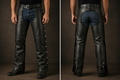 Men's riderforge genuine soft lambskin real leather motorcycle biker riding chaps in black showing front and rear views featuring a front belt buckle, rear corseted lace-up waistband, full outer side-leg metal snap buttons over covered zippers, lower ankle snap-button cuffs, classic open crotch over-jeans design, and custom made-to-measure fitting across the UK, USA, and Australia.