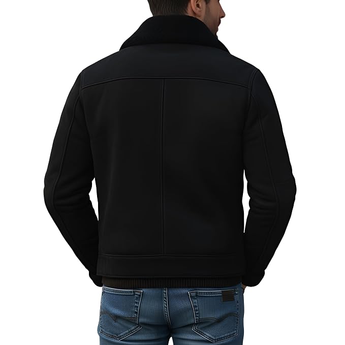 Back view of a man wearing the black Rider Vault Supreme Street Suede Leather Jacket featuring a shearling collar, zip closure, and zipper pockets.