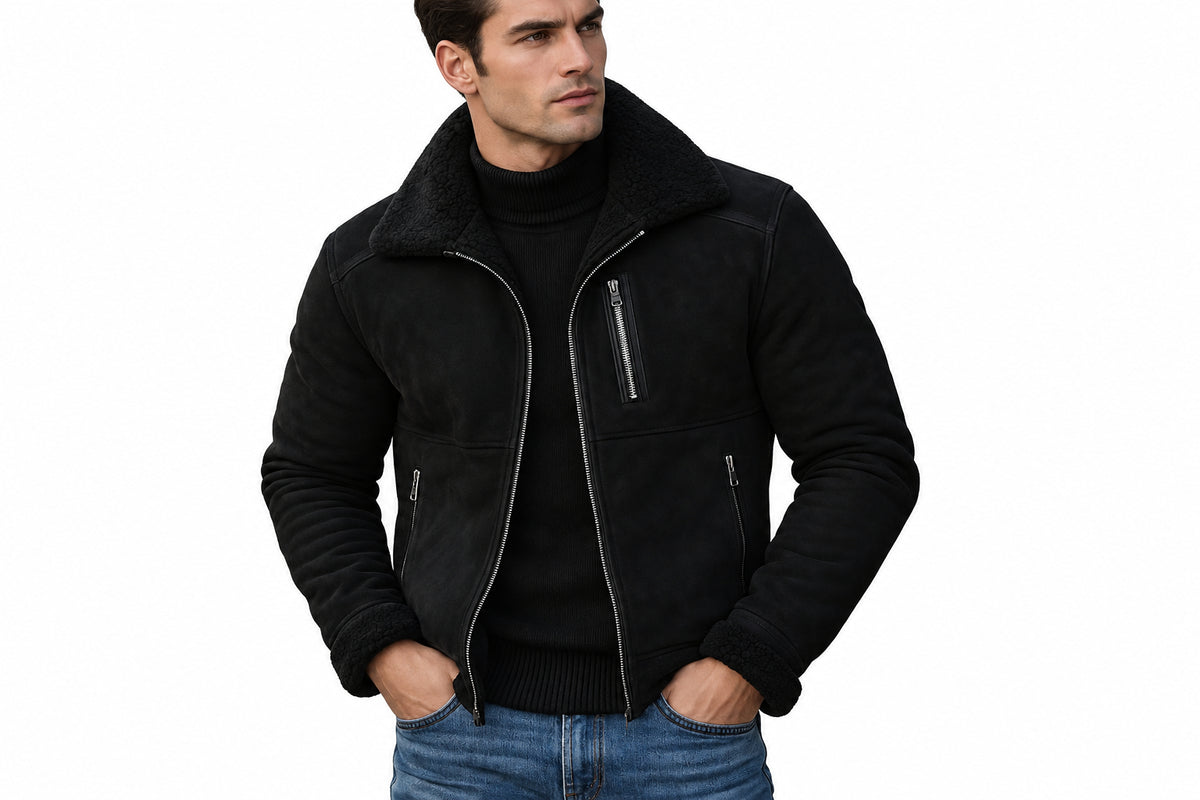 Front view of a man wearing the black Rider Vault Supreme Street Suede Leather Jacket featuring a shearling collar, zip closure, and zipper pockets.
