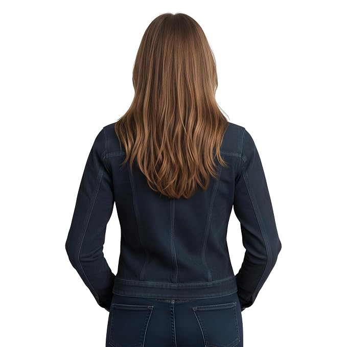 Rivetforge women's dark navy blue genuine suede real leather contemporary slim fit trucker jacket featuring a fold-over collar, shoulder epaulets, dual box-pleated chest flap pockets with snap buttons, full cuffed sleeves, and custom made-to-measure fitting across the UK, USA, and Australia.back
