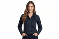 Rivetforge women's dark navy blue genuine suede real leather contemporary slim fit trucker jacket featuring a fold-over collar, shoulder epaulets, dual box-pleated chest flap pockets with snap buttons, full cuffed sleeves, and custom made-to-measure fitting across the UK, USA, and Australia.