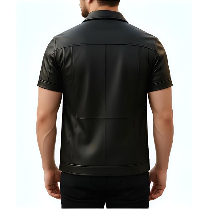 Back view of a man wearing the black short-sleeve Rogue Edge Lambskin Modern Luxe Bomber Jacket featuring a shirt collar and utility pockets.